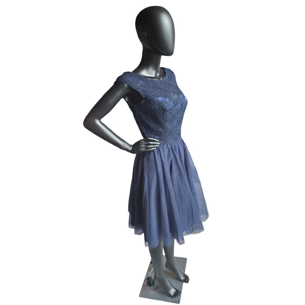 Navy Tulle Illusion Top Cocktail Dress - Mori Lee